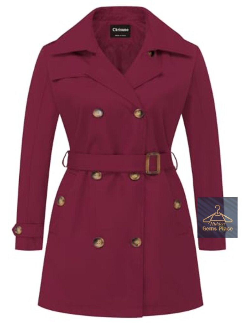 Women's Plus Size Double Breasted Trench Coat with Removable Hood, Water